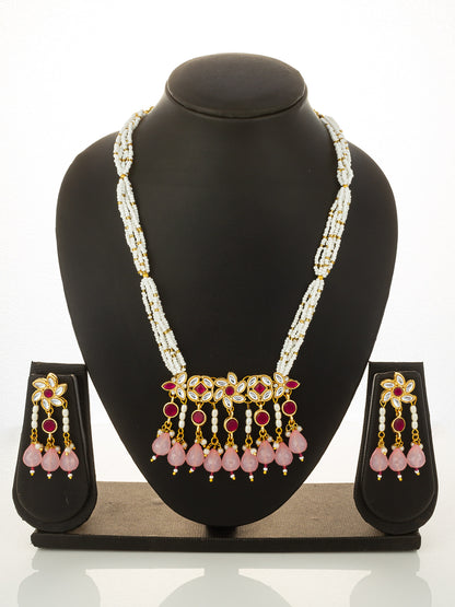 Aadita Gold Plated Multi Strand Pearl Necklace with Ruby Red Pendant
