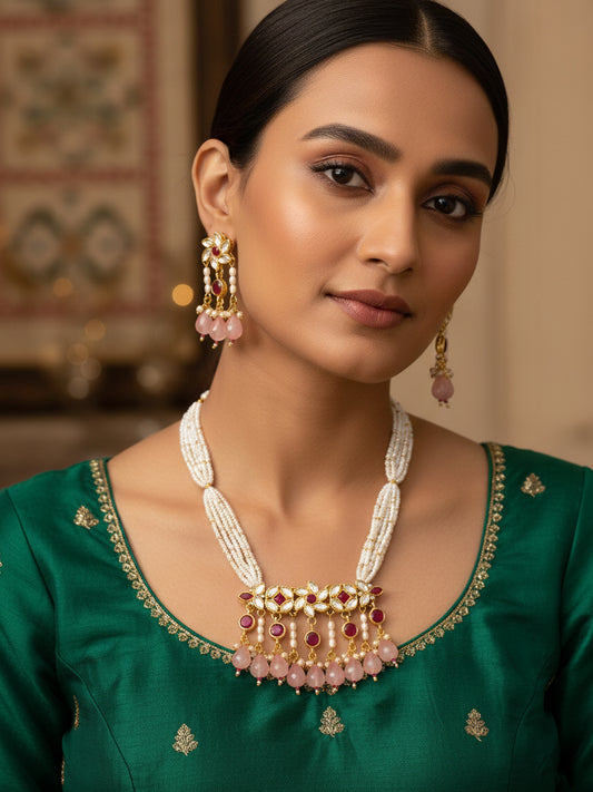 Aadita Gold Plated Multi Strand Pearl Necklace with Ruby Red Pendant