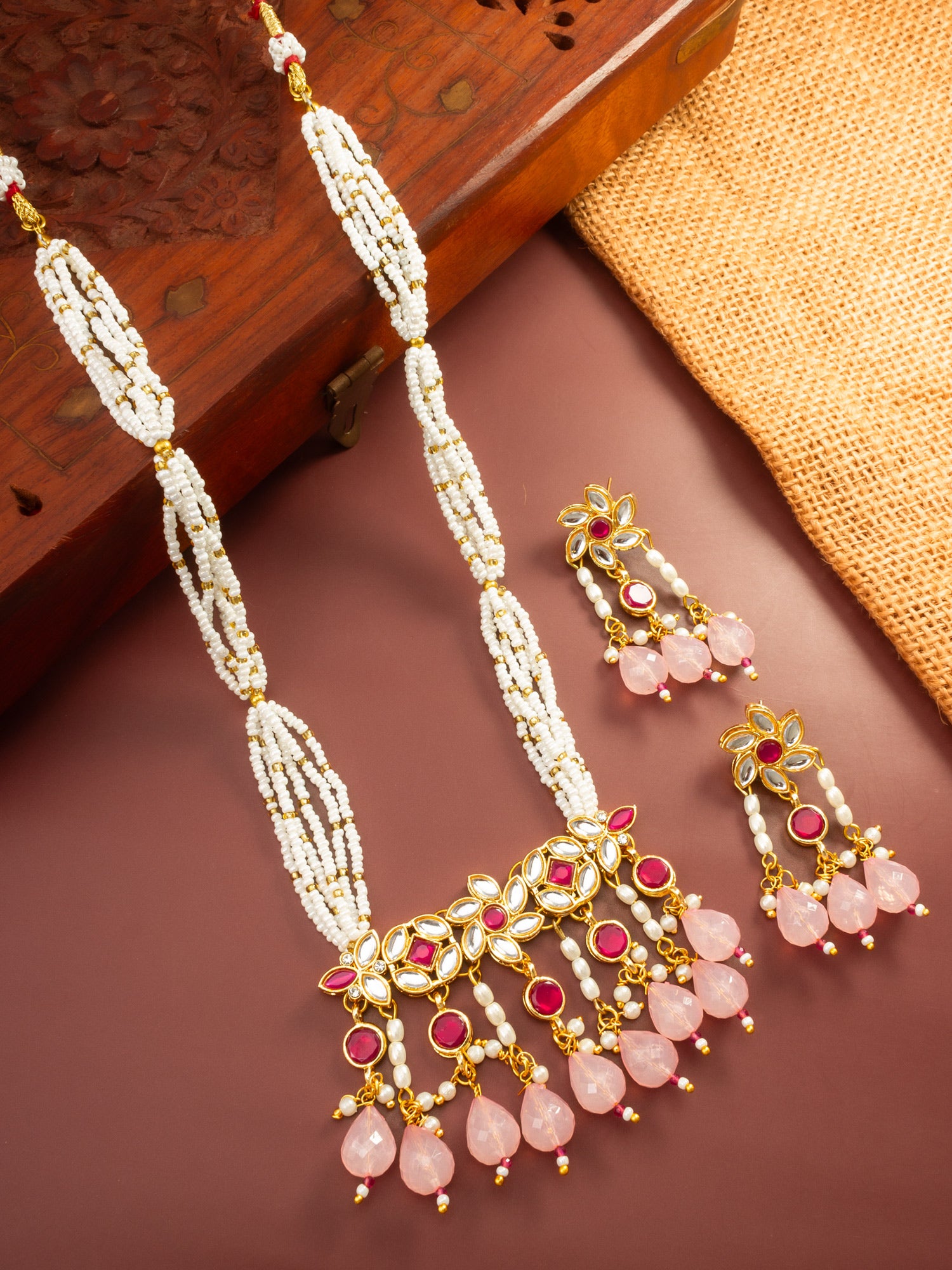 Aadita Gold Plated Multi Strand Pearl Necklace with Ruby Red Pendant