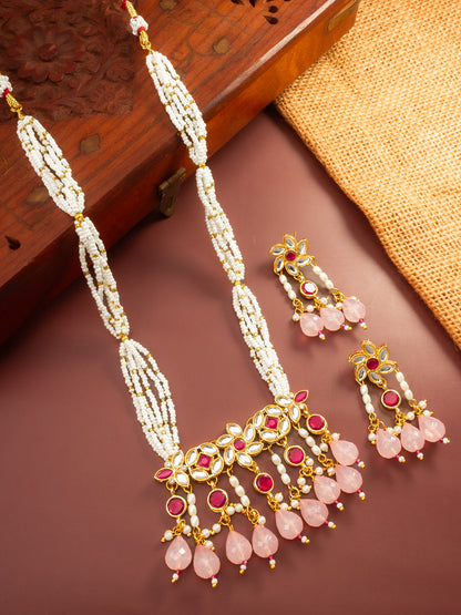 Aadita Gold Plated Multi Strand Pearl Necklace with Ruby Red Pendant