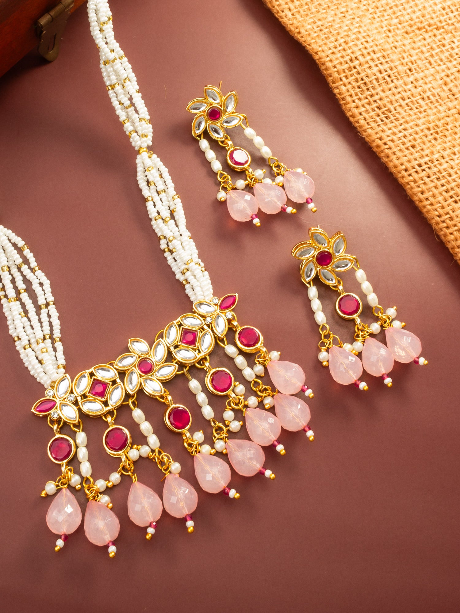 Aadita Gold Plated Multi Strand Pearl Necklace with Ruby Red Pendant