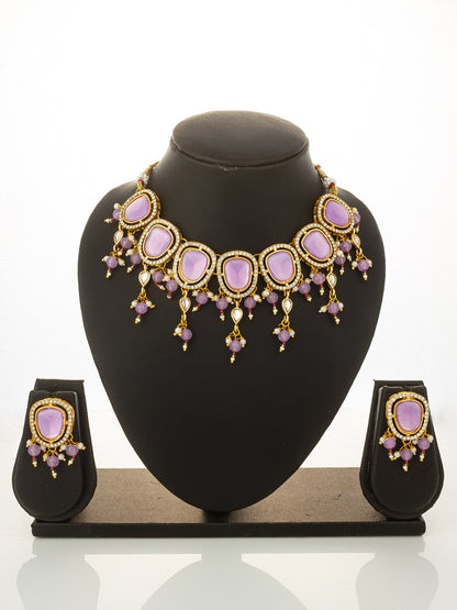 Aadita Gold Plated Lavender Stone Kundan Choker Necklace Set