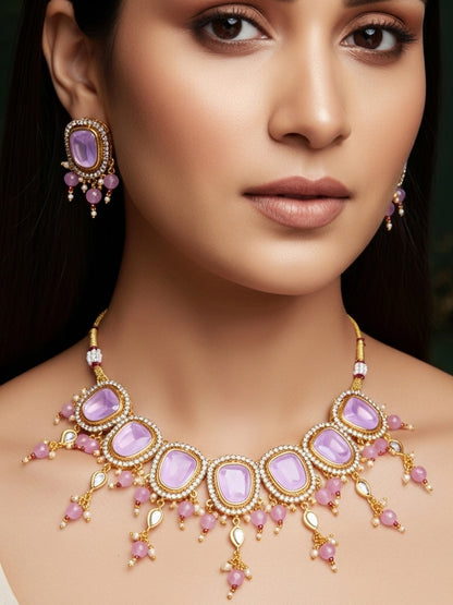 Aadita Gold Plated Lavender Stone Kundan Choker Necklace Set