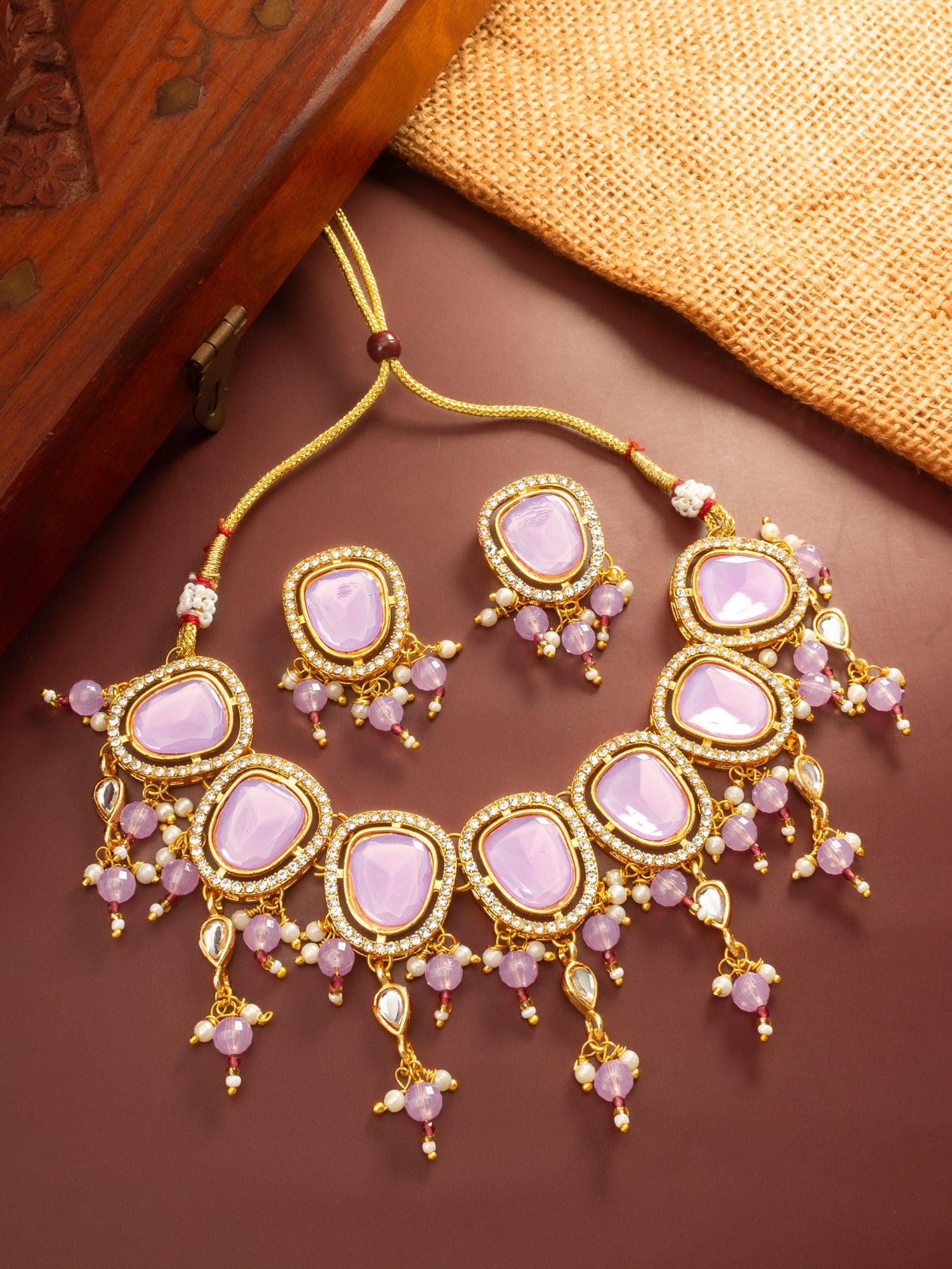 Aadita Gold Plated Lavender Stone Kundan Choker Necklace Set