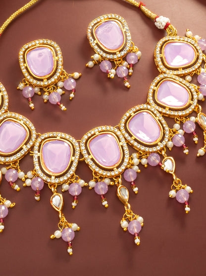 Aadita Gold Plated Lavender Stone Kundan Choker Necklace Set