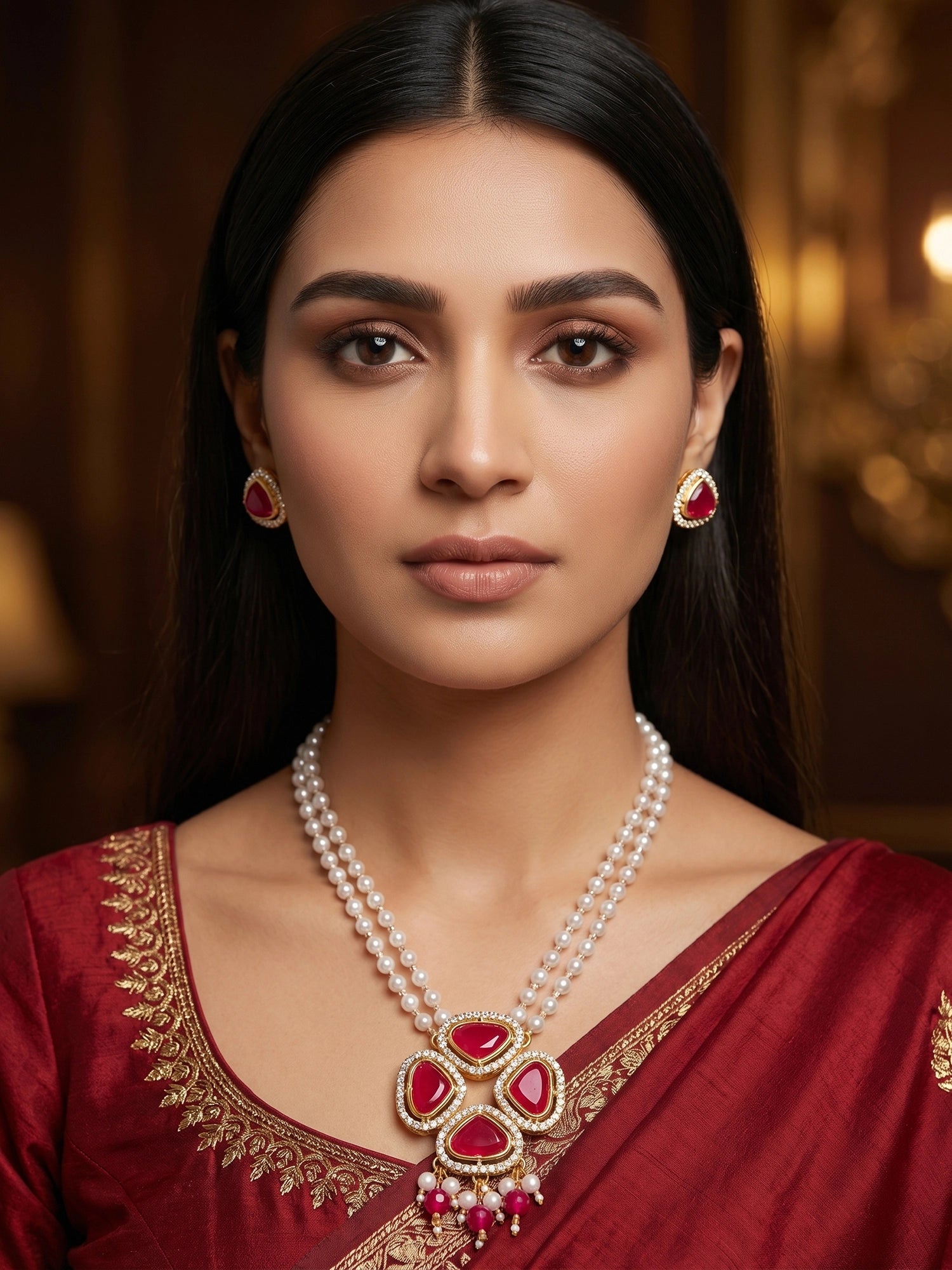 Aadita Gold Plated Pendant Pearl Necklace Set with Crystal Stone Earrings