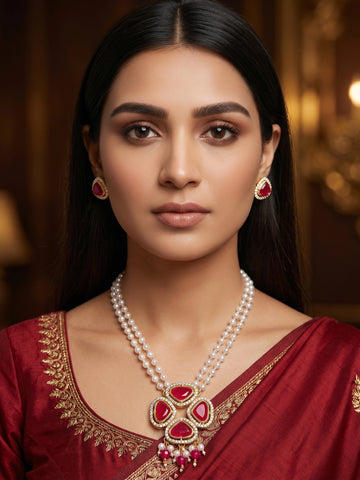 Aadita Gold Plated Pendant Pearl Necklace Set with Crystal Stone Earrings