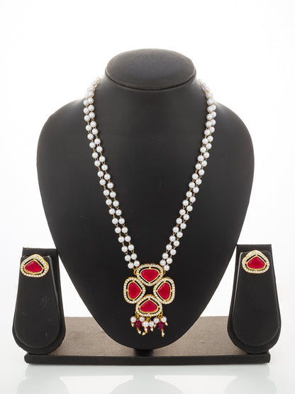 Aadita Gold Plated Pendant Pearl Necklace Set with Crystal Stone Earrings