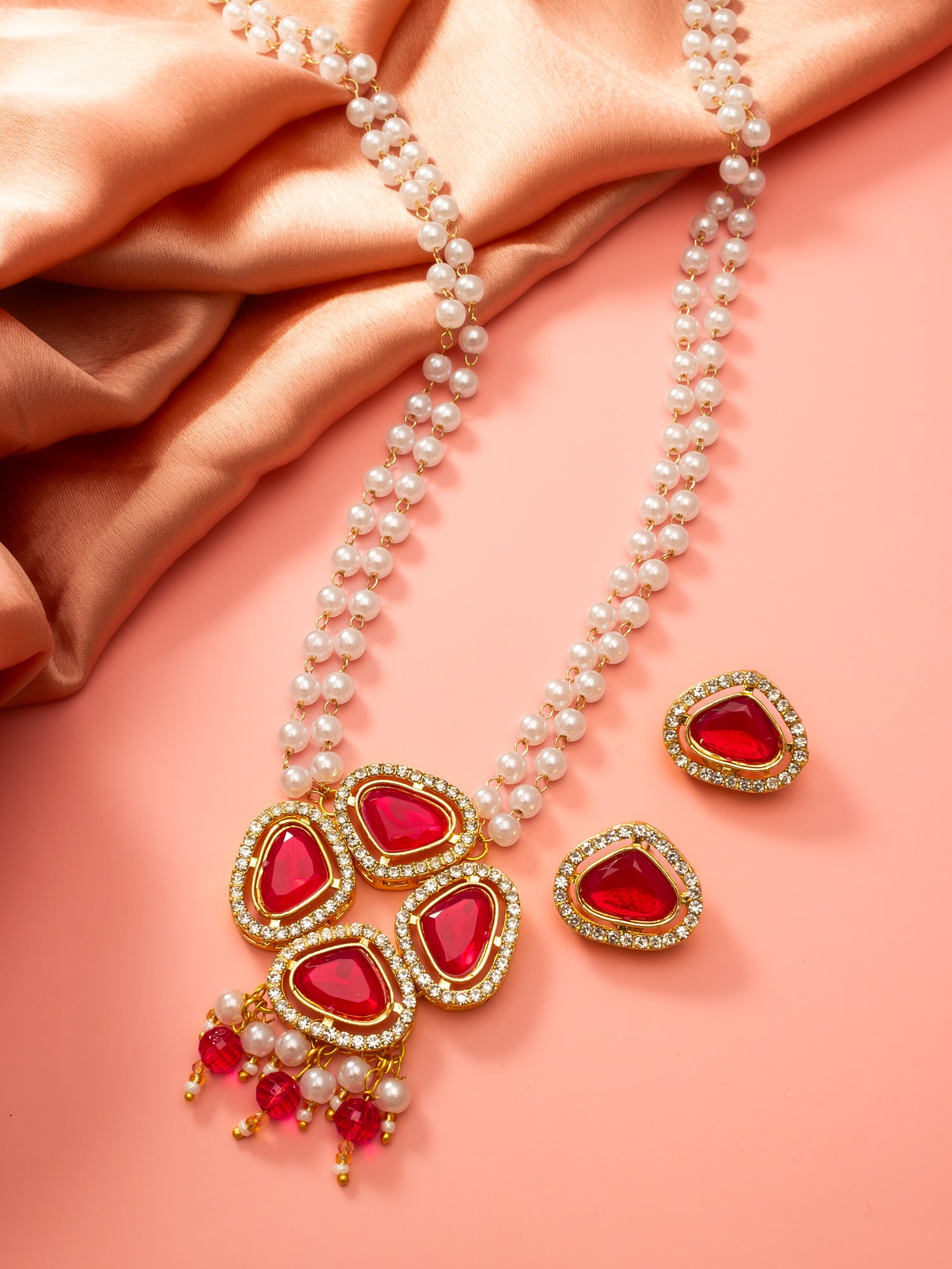 Aadita Gold Plated Pendant Pearl Necklace Set with Crystal Stone Earrings