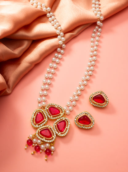 Aadita Gold Plated Pendant Pearl Necklace Set with Crystal Stone Earrings