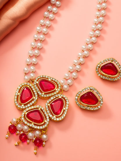 Aadita Gold Plated Pendant Pearl Necklace Set with Crystal Stone Earrings