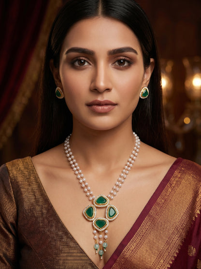 Aadita Gold Plated Pendant Pearl Necklace Set with Green Stone and AD Earrings