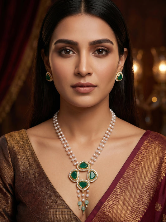 Aadita Gold Plated Pendant Pearl Necklace Set with Green Stone and AD Earrings
