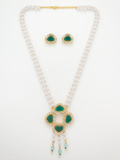 Aadita Gold Plated Pendant Pearl Necklace Set with Green Stone and AD Earrings