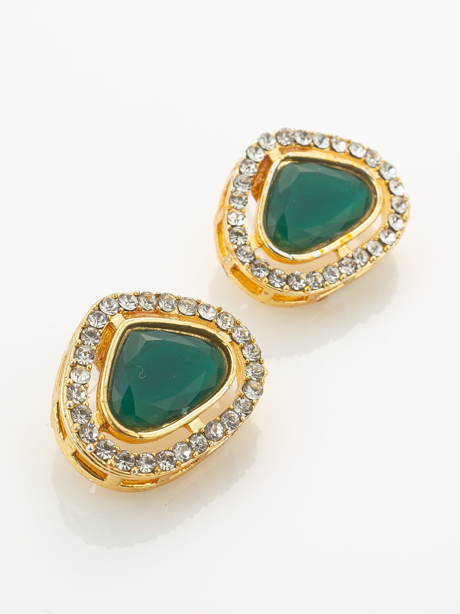 Aadita Gold Plated Pendant Pearl Necklace Set with Green Stone and AD Earrings