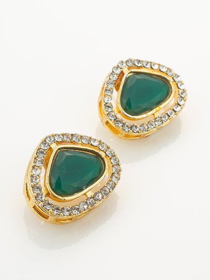 Aadita Gold Plated Pendant Pearl Necklace Set with Green Stone and AD Earrings