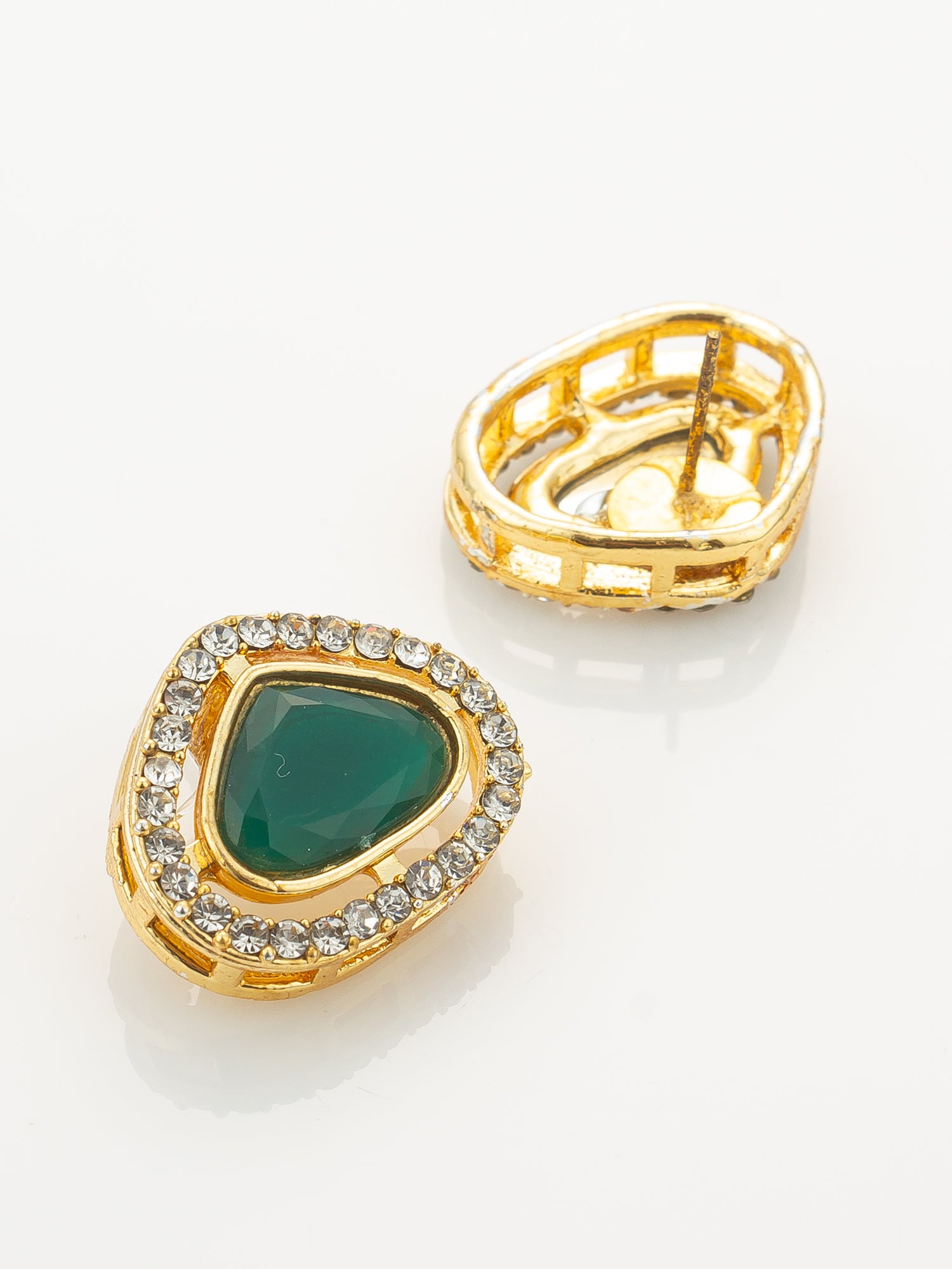 Aadita Gold Plated Pendant Pearl Necklace Set with Green Stone and AD Earrings