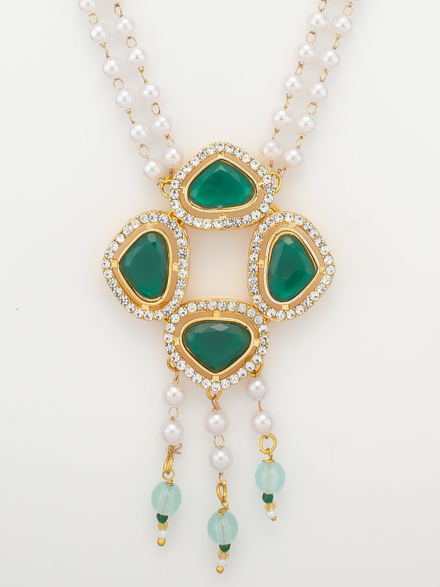 Aadita Gold Plated Pendant Pearl Necklace Set with Green Stone and AD Earrings