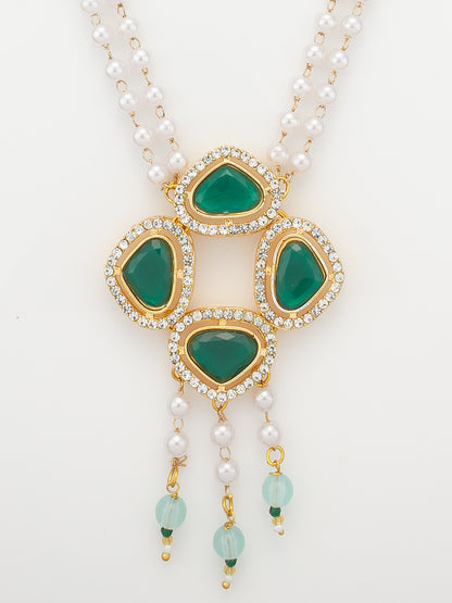 Aadita Gold Plated Pendant Pearl Necklace Set with Green Stone and AD Earrings