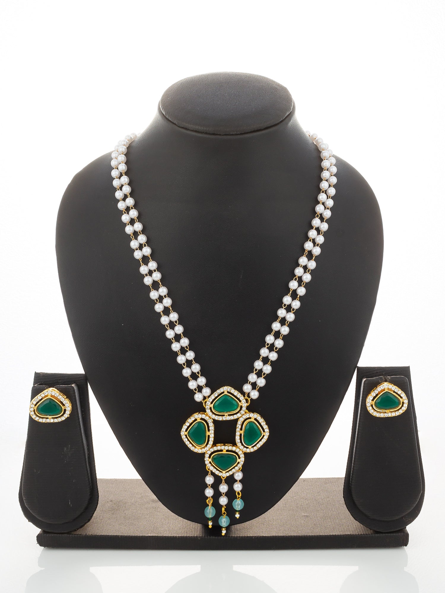 Aadita Gold Plated Pendant Pearl Necklace Set with Green Stone and AD Earrings