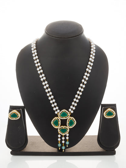 Aadita Gold Plated Pendant Pearl Necklace Set with Green Stone and AD Earrings