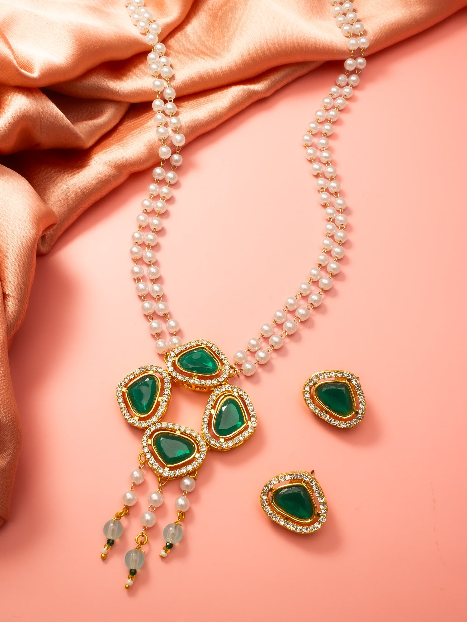 Aadita Gold Plated Pendant Pearl Necklace Set with Green Stone and AD Earrings