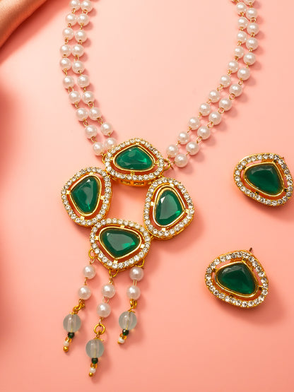 Aadita Gold Plated Pendant Pearl Necklace Set with Green Stone and AD Earrings