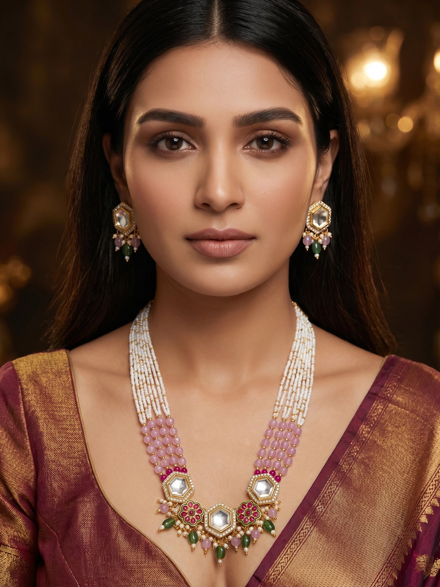 Aadita Gold Plated Necklace Set with Pink Beads and Meenakari Earrings