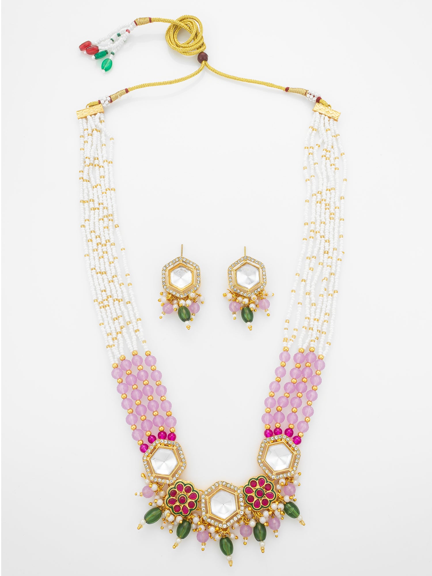 Aadita Gold Plated Necklace Set with Pink Beads and Meenakari Earrings