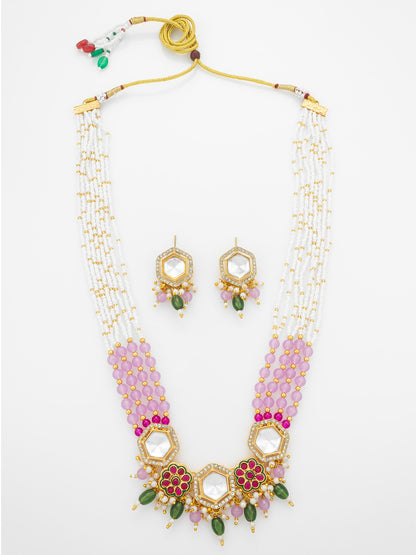 Aadita Gold Plated Necklace Set with Pink Beads and Meenakari Earrings