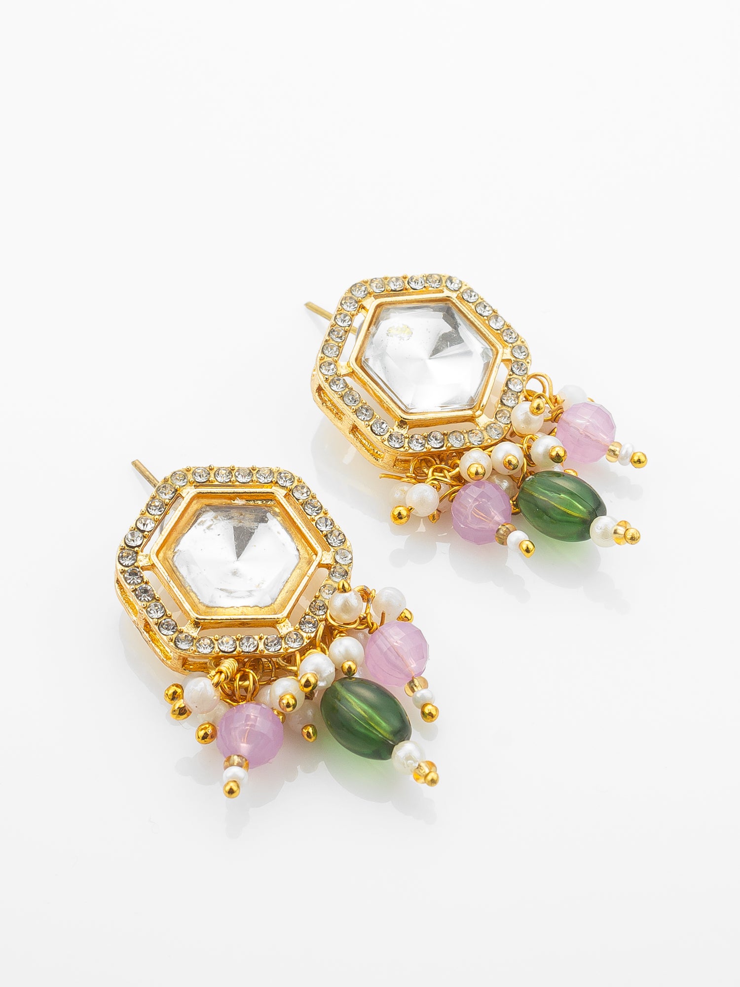 Aadita Gold Plated Necklace Set with Pink Beads and Meenakari Earrings