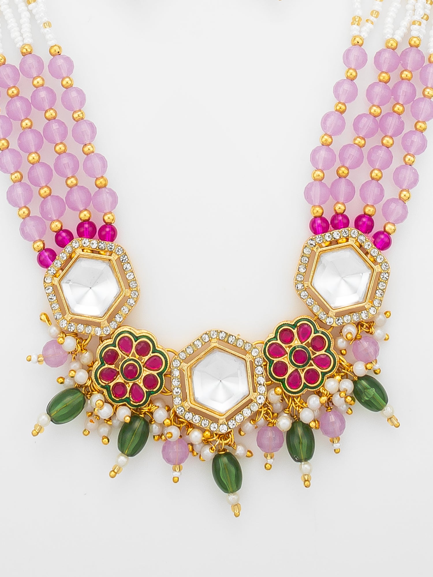 Aadita Gold Plated Necklace Set with Pink Beads and Meenakari Earrings