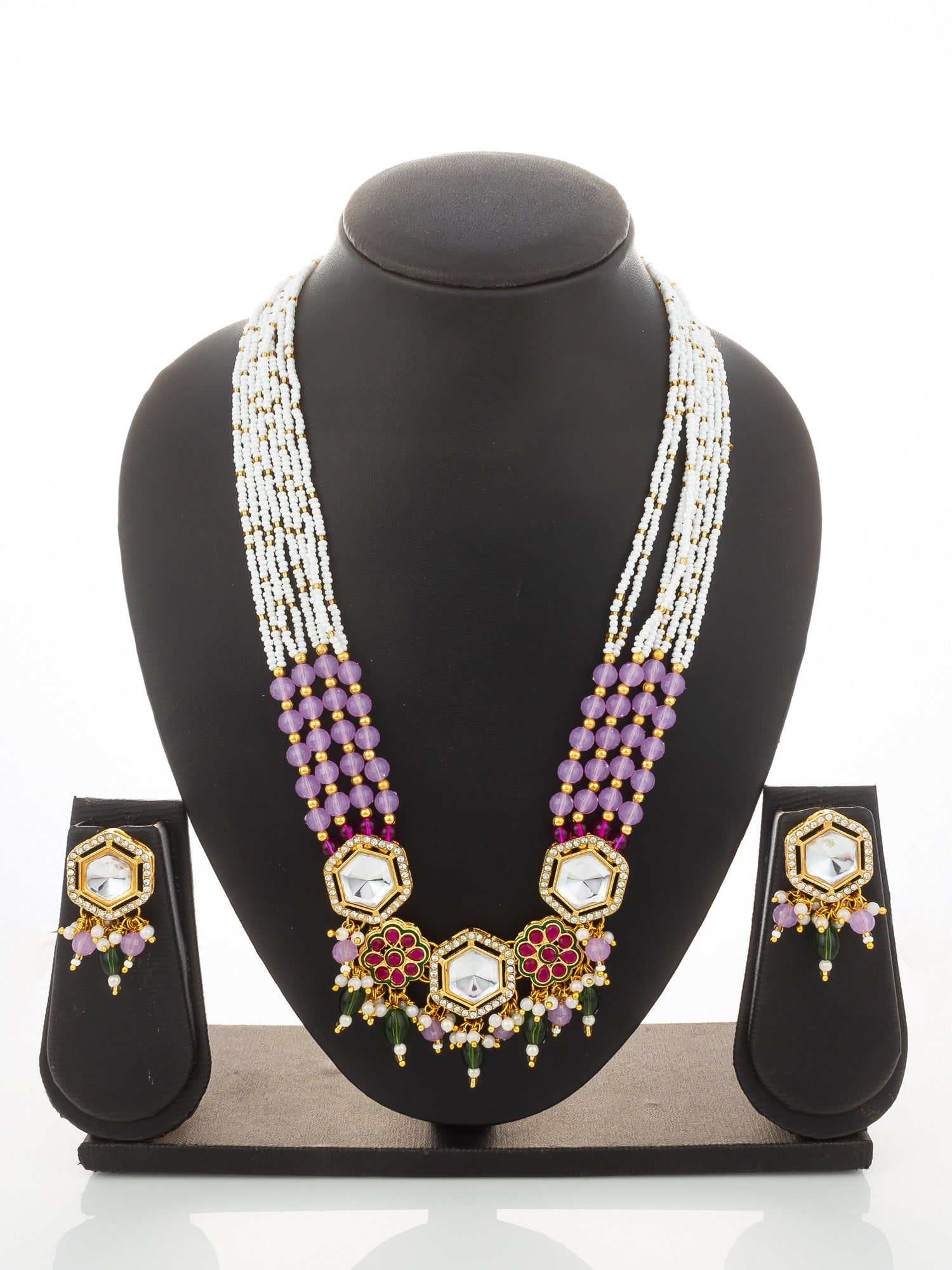 Aadita Gold Plated Necklace Set with Pink Beads and Meenakari Earrings