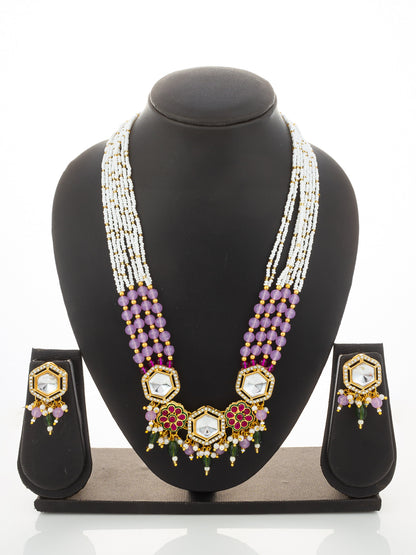 Aadita Gold Plated Necklace Set with Pink Beads and Meenakari Earrings
