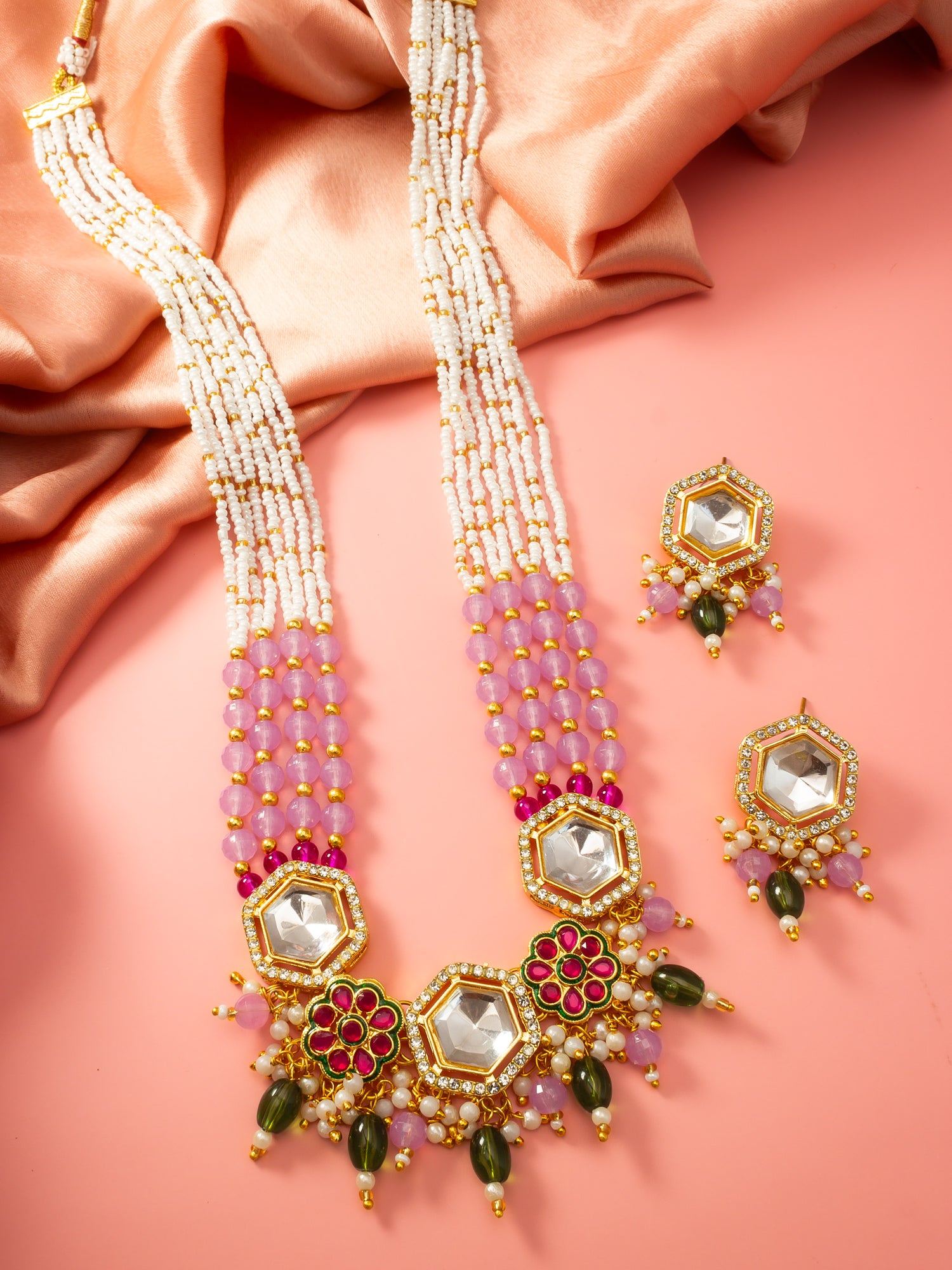 Aadita Gold Plated Necklace Set with Pink Beads and Meenakari Earrings