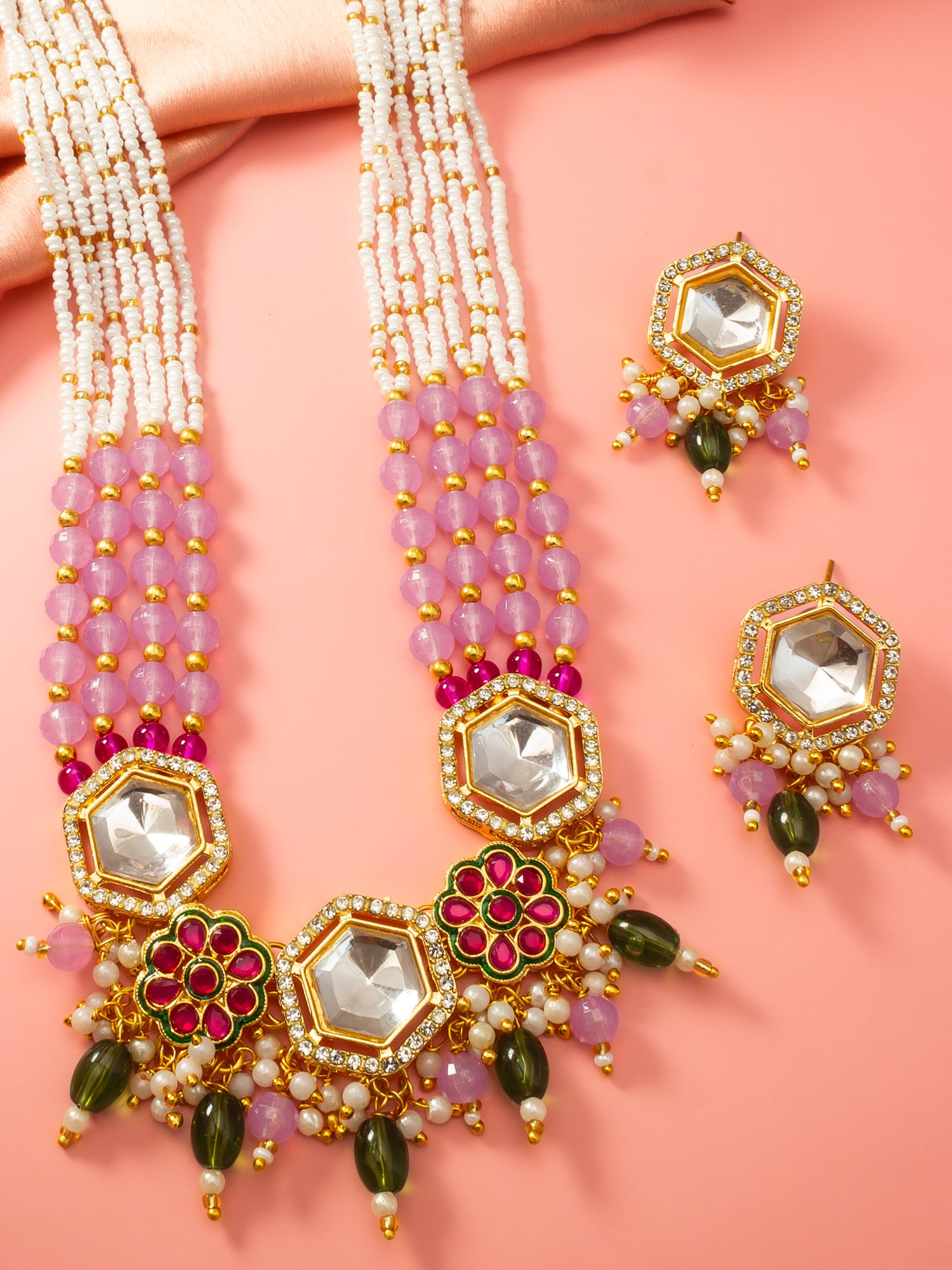 Aadita Gold Plated Necklace Set with Pink Beads and Meenakari Earrings