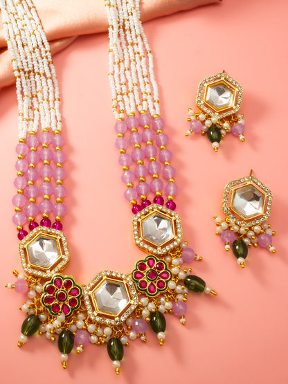 Aadita Gold Plated Necklace Set with Pink Beads and Meenakari Earrings