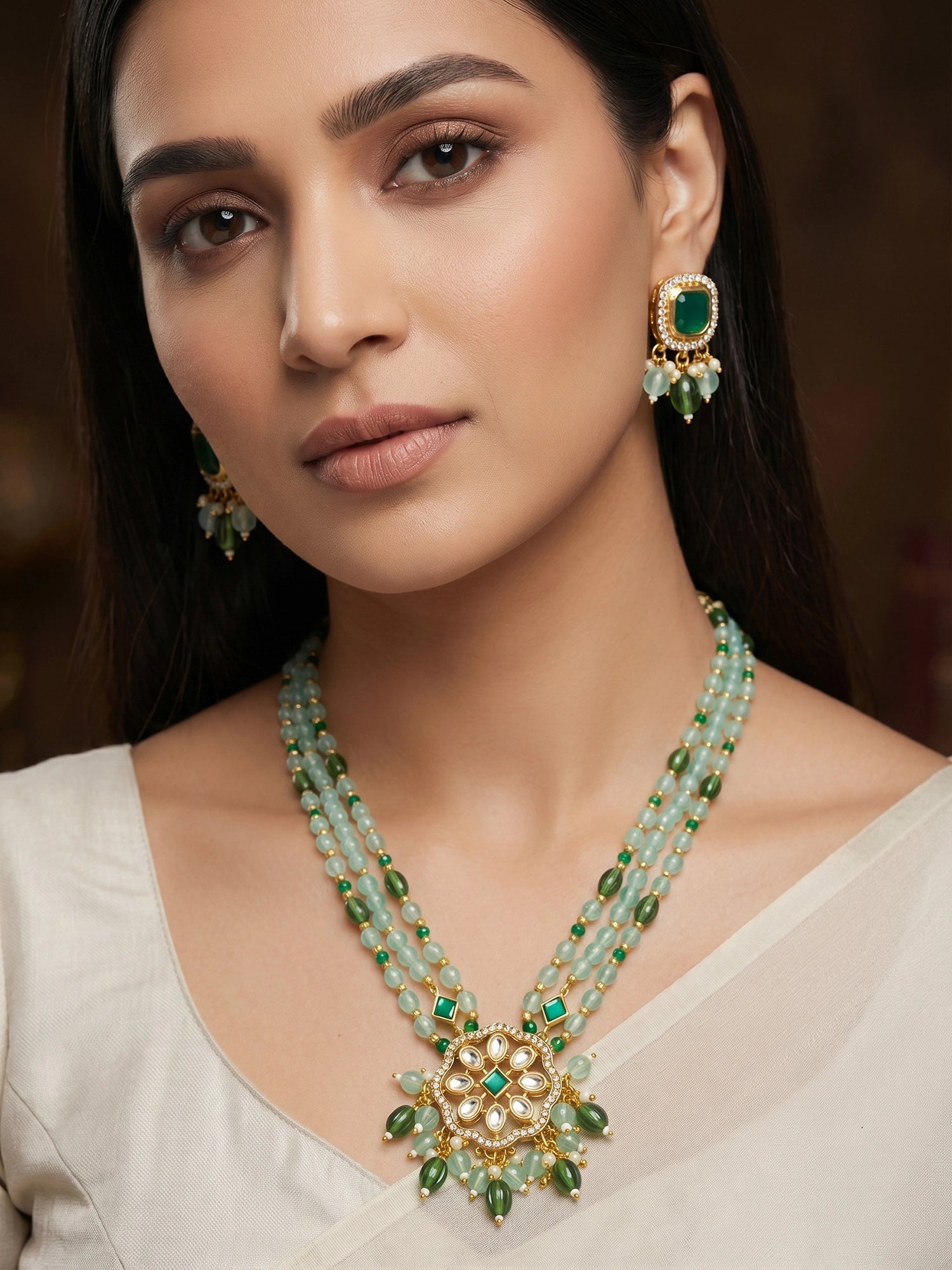 Aadita Gold Plated Kundan Long Necklace Set with Mint Green Beads and Green Stone Earrings
