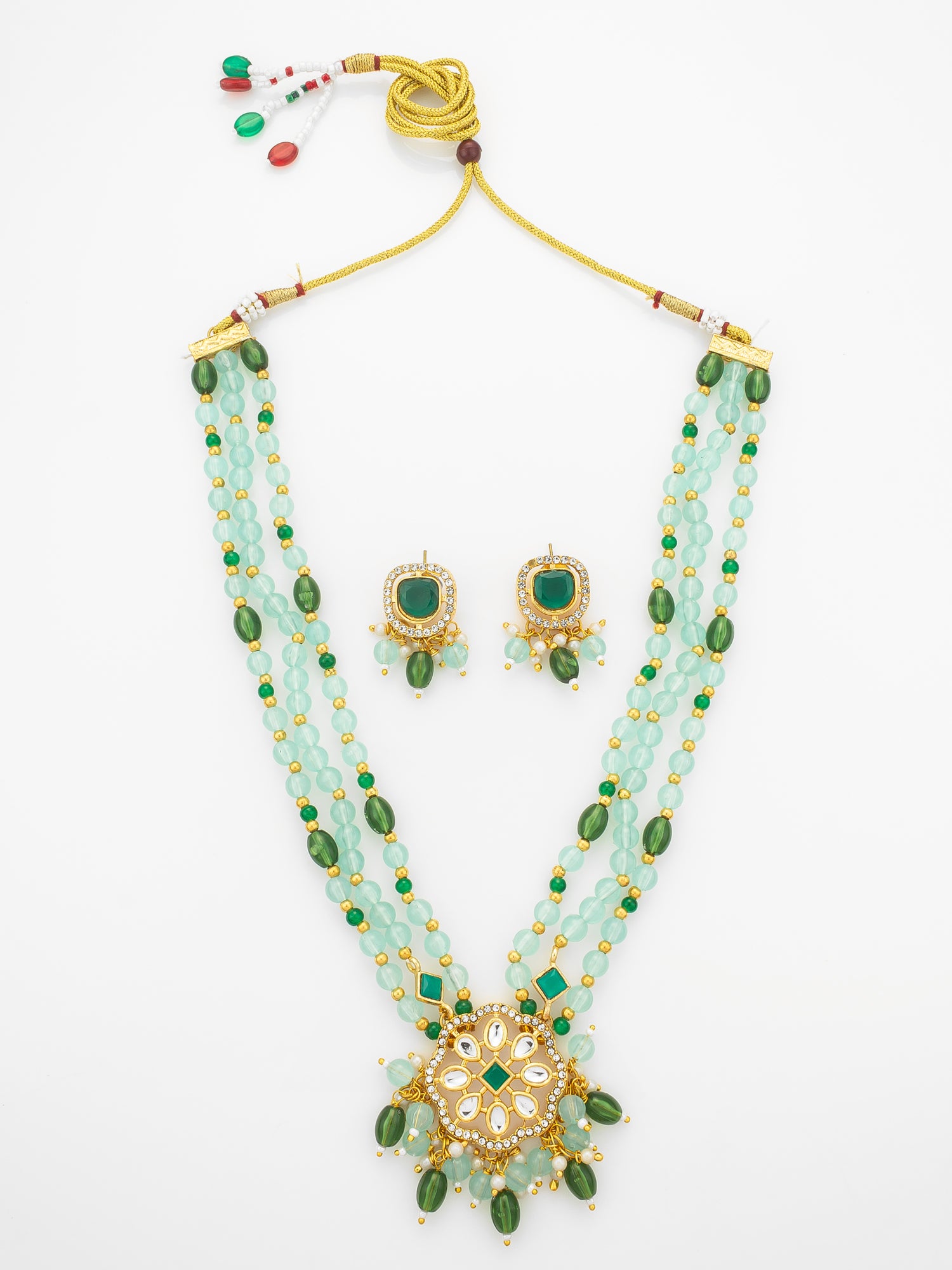 Aadita Gold Plated Kundan Long Necklace Set with Mint Green Beads and Green Stone Earrings