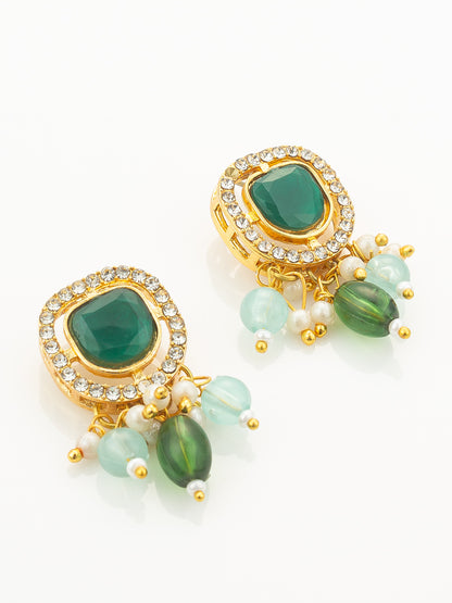 Aadita Gold Plated Kundan Long Necklace Set with Mint Green Beads and Green Stone Earrings