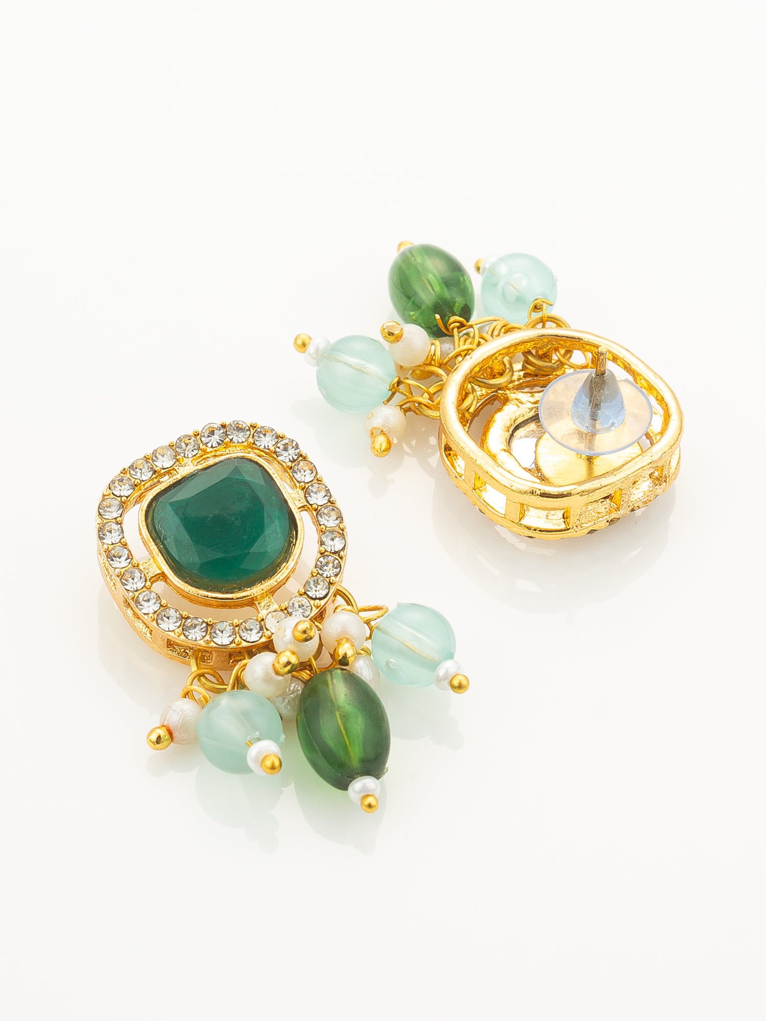 Aadita Gold Plated Kundan Long Necklace Set with Mint Green Beads and Green Stone Earrings