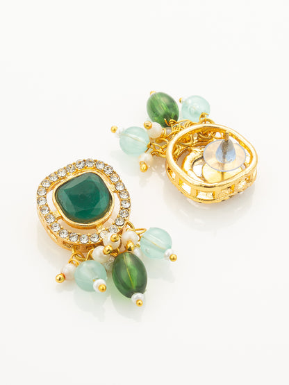 Aadita Gold Plated Kundan Long Necklace Set with Mint Green Beads and Green Stone Earrings