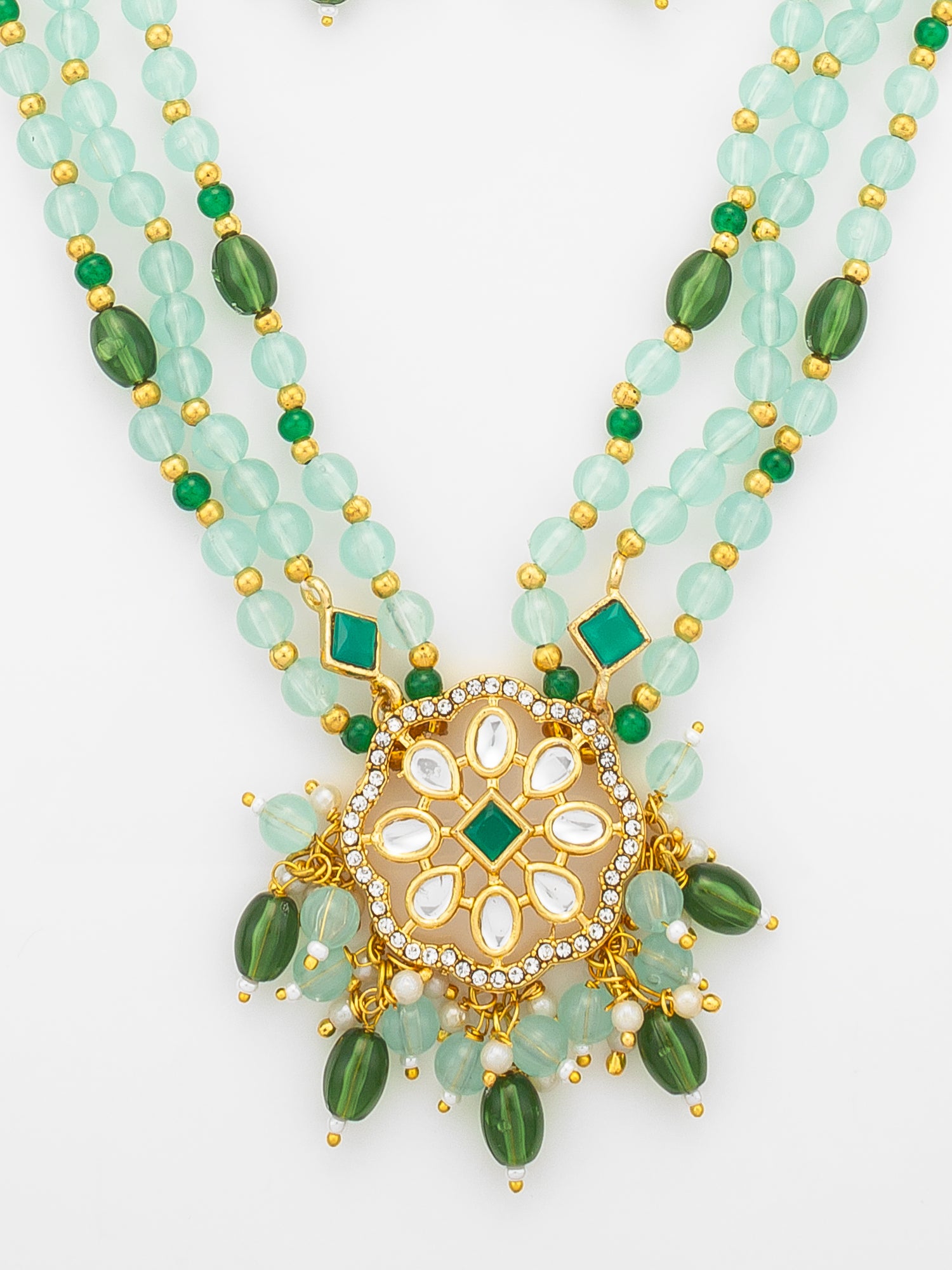 Aadita Gold Plated Kundan Long Necklace Set with Mint Green Beads and Green Stone Earrings