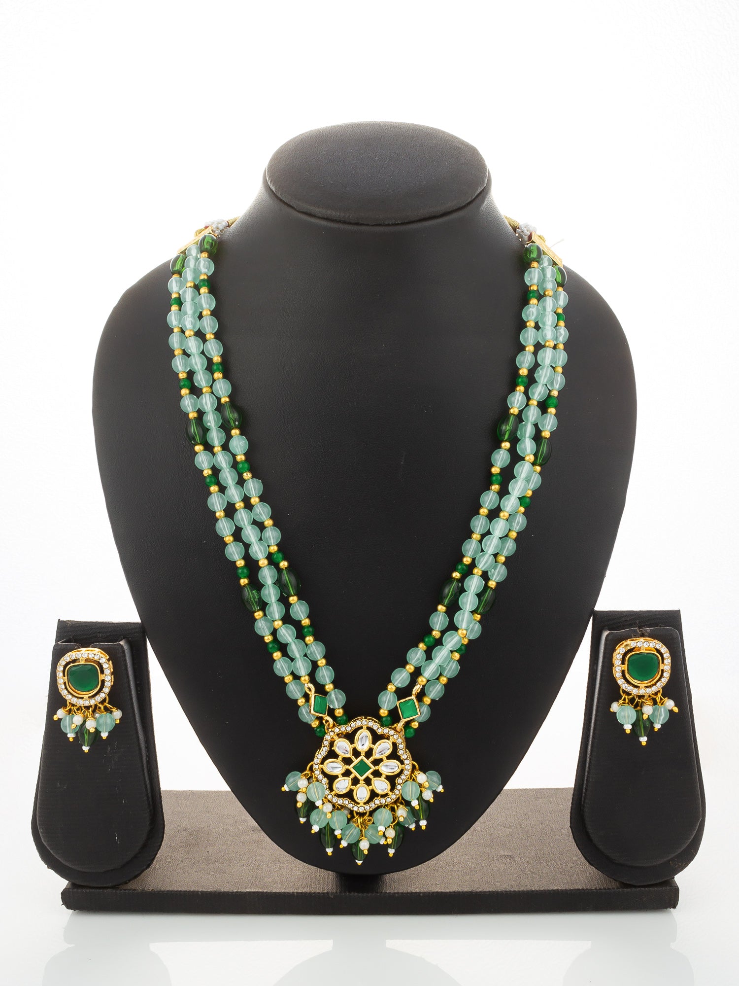 Aadita Gold Plated Kundan Long Necklace Set with Mint Green Beads and Green Stone Earrings