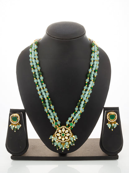 Aadita Gold Plated Kundan Long Necklace Set with Mint Green Beads and Green Stone Earrings