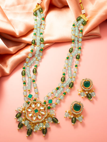 Aadita Gold Plated Kundan Long Necklace Set with Mint Green Beads and Green Stone Earrings