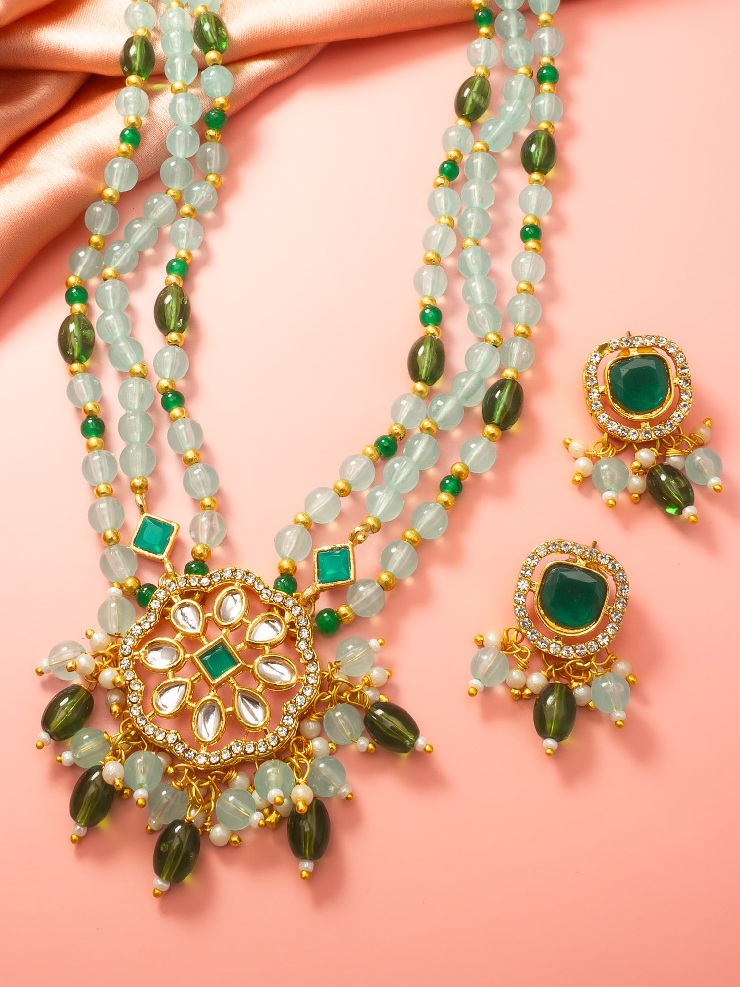 Aadita Gold Plated Kundan Long Necklace Set with Mint Green Beads and Green Stone Earrings