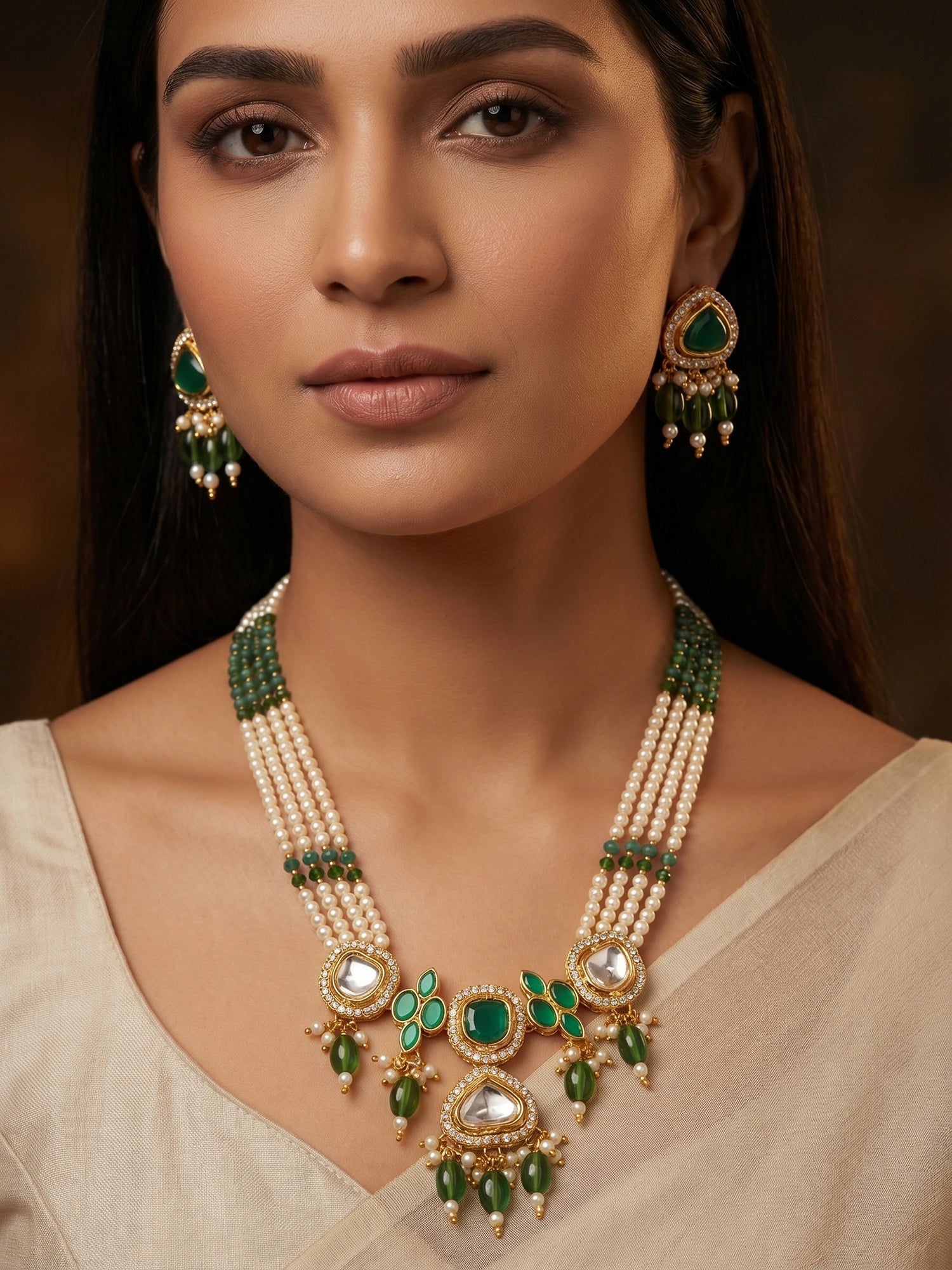 Aadita Gold Plated Long Pearl Necklace Set with Green Stone Pendant and Earrings