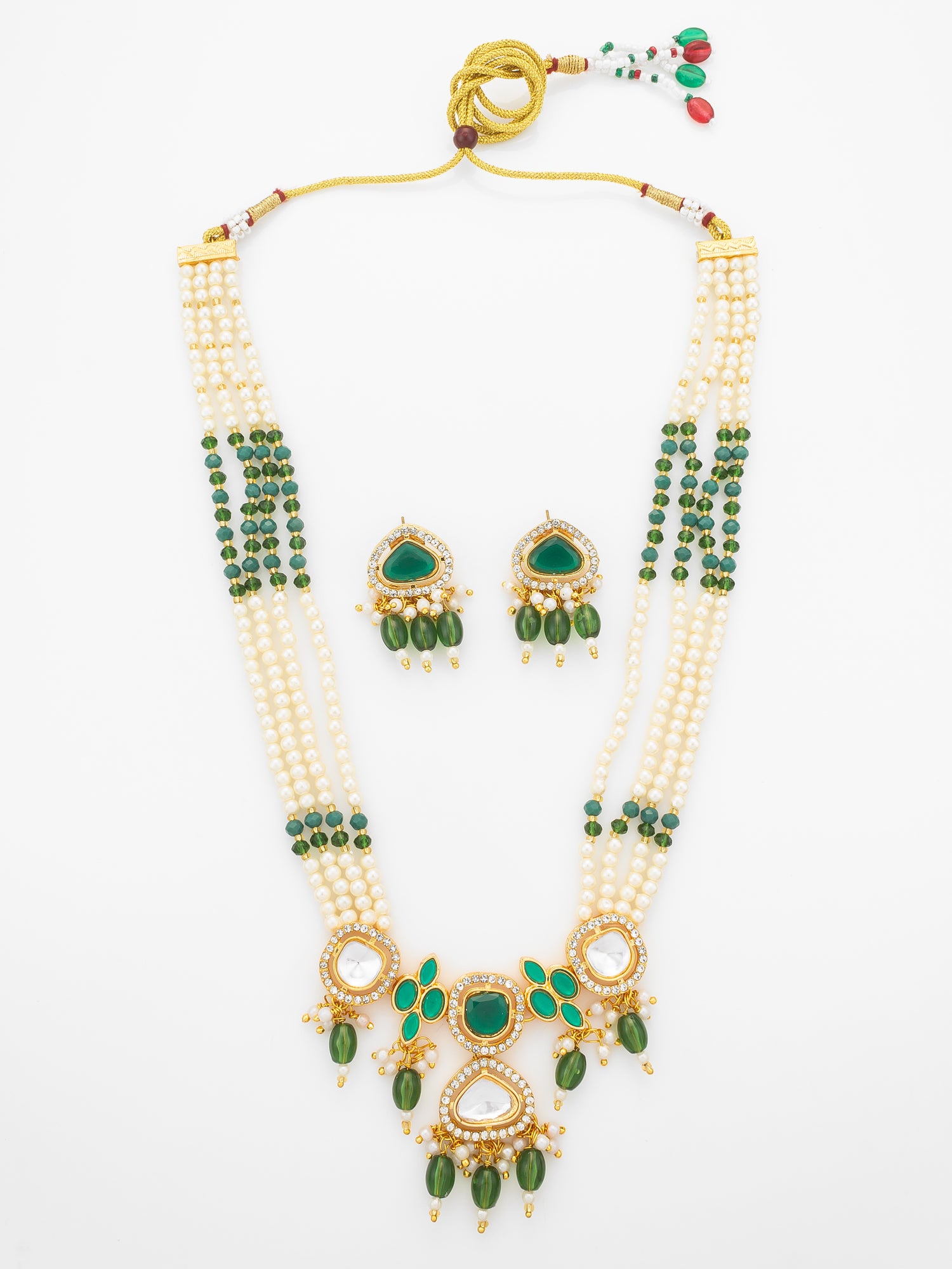 Aadita Gold Plated Long Pearl Necklace Set with Green Stone Pendant and Earrings