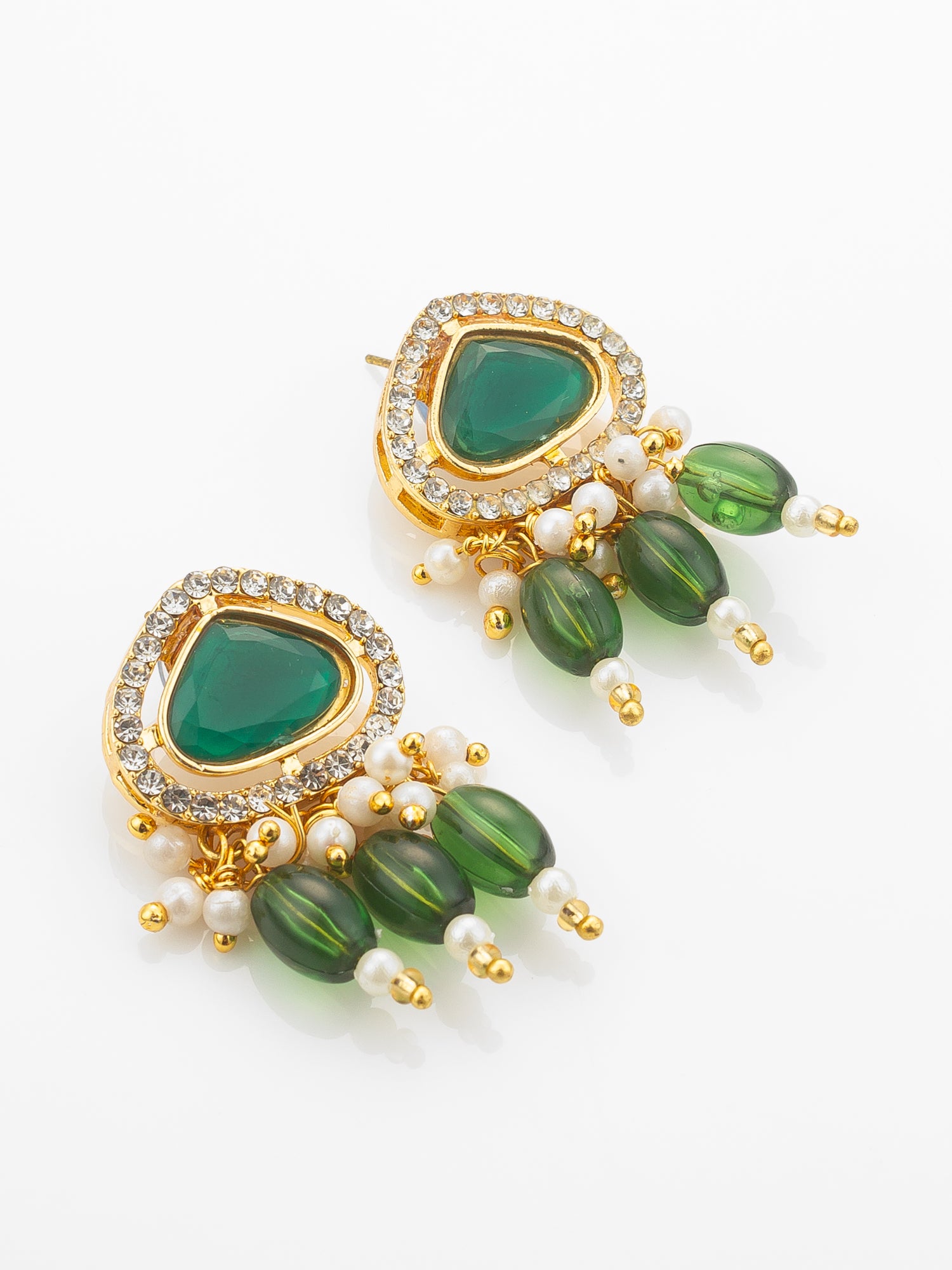 Aadita Gold Plated Long Pearl Necklace Set with Green Stone Pendant and Earrings